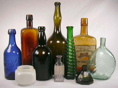 Group of different shaped bottles dating from 1850 to 1920; click to enlarge.