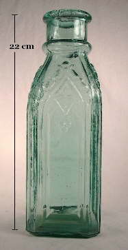 Cathedral pickle bottle in aqua colored glass; click to enlarge.