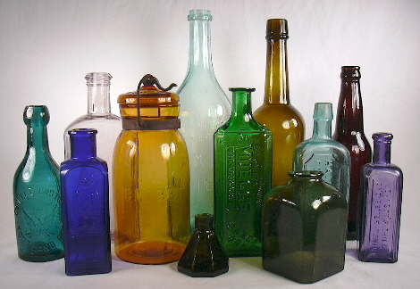 A grouping of historic bottles giving some idea of the spectrum of bottle colors; click to enlarge.