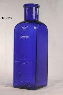 A square cobalt blue Owl Drug Company bottle; click to enlarge.