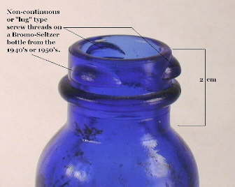 Image of a lug type external thread finish on a mid 20th century Bromo-Seltzer bottle; click to enlarge.