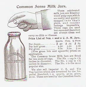 1899 advertisement for the "Common Sense" milk bottle and cap; click to enlarge.