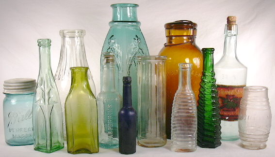 Grouping of food bottles dating from the 1860s to 1930s; click to enlarge.