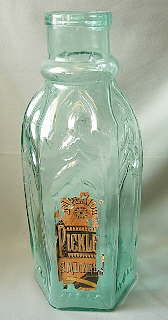 Hexagonal pickle bottle from the 1880s or 1890s; click to enlarge.
