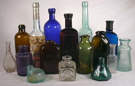 Group of household bottles dating from the 1840s to 1920s.