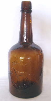 Ca. 1880 squat rye whiskey bottle; click to enlarge.