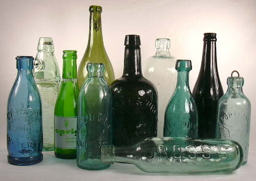 Grouping of soda/mineral water bottles dating from between 1850 and 1940; click to enlarge.