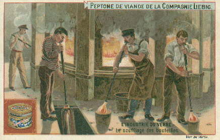 Image of late 19th century trade card showing glassblowers at work; click to enlarge.