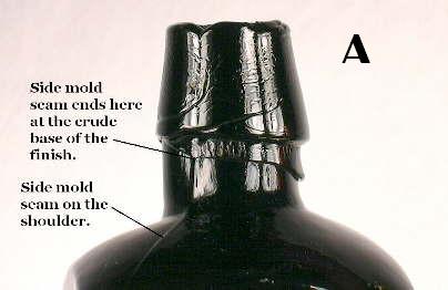 Image of an oil finish on an 1860's bitters bottle; click to enlarge.