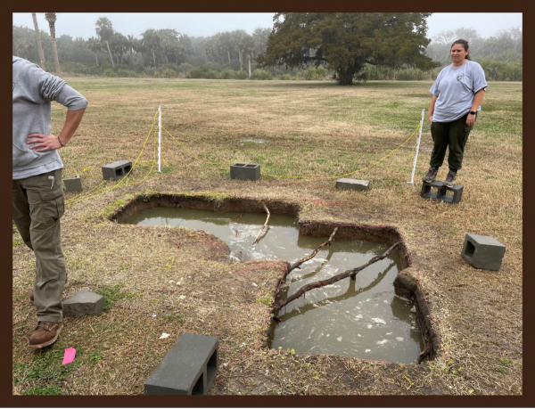 Four, connected one-by-one meter archaeology units that are almost entirely full of water. An archaeologist in a National Park Service uniform looks at the units with a disapproving and annoyed expression.