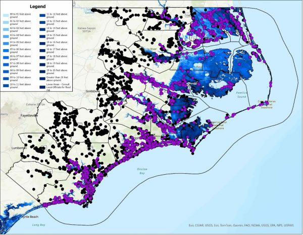 Map of North Carolina's Coastal Plain showing archaeological sites impacted by the storm surge of a Category 5 hurricane.